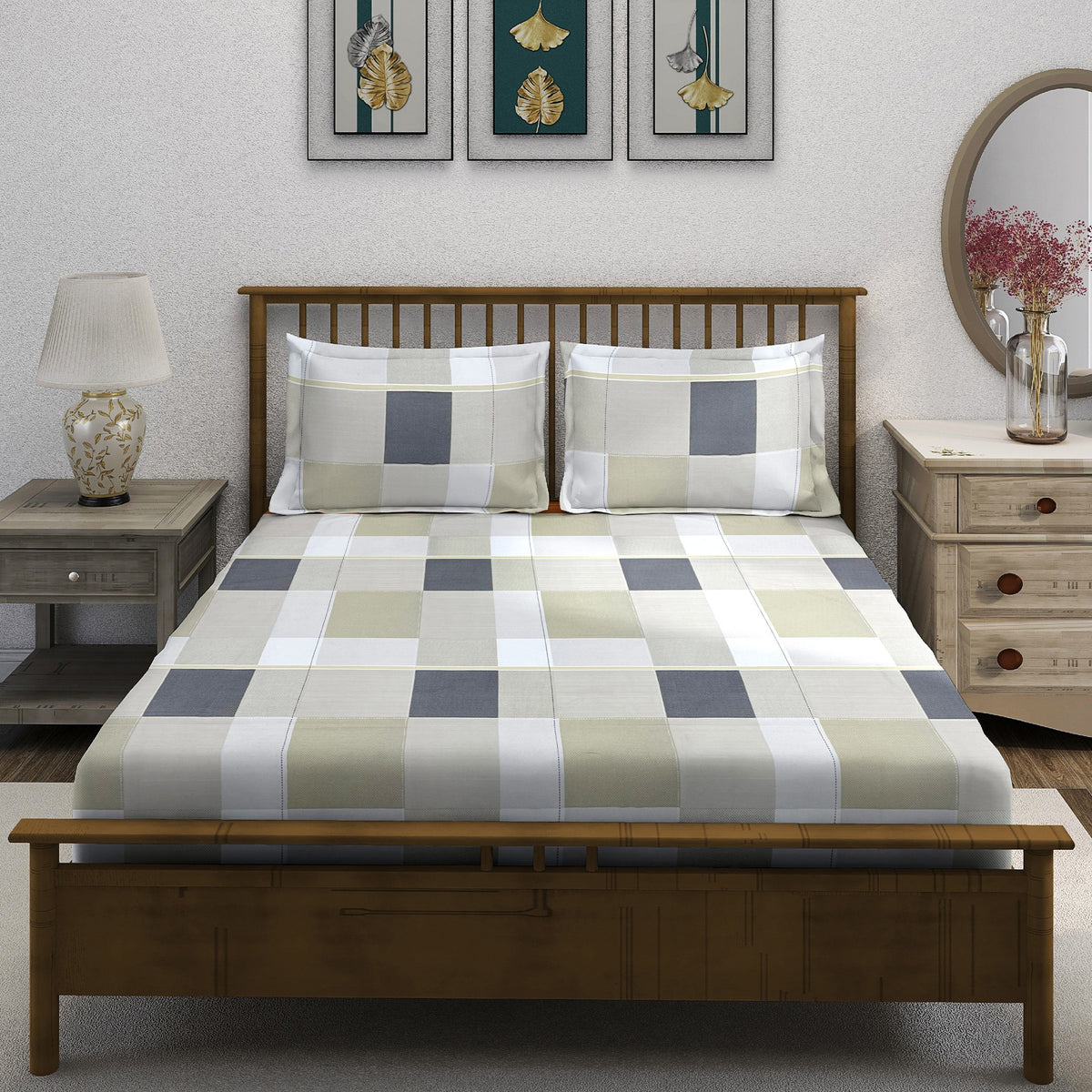 Sage Charcoal Windowpane 180 TC Pure Cotton Bedsheet Set with Pillow Cover