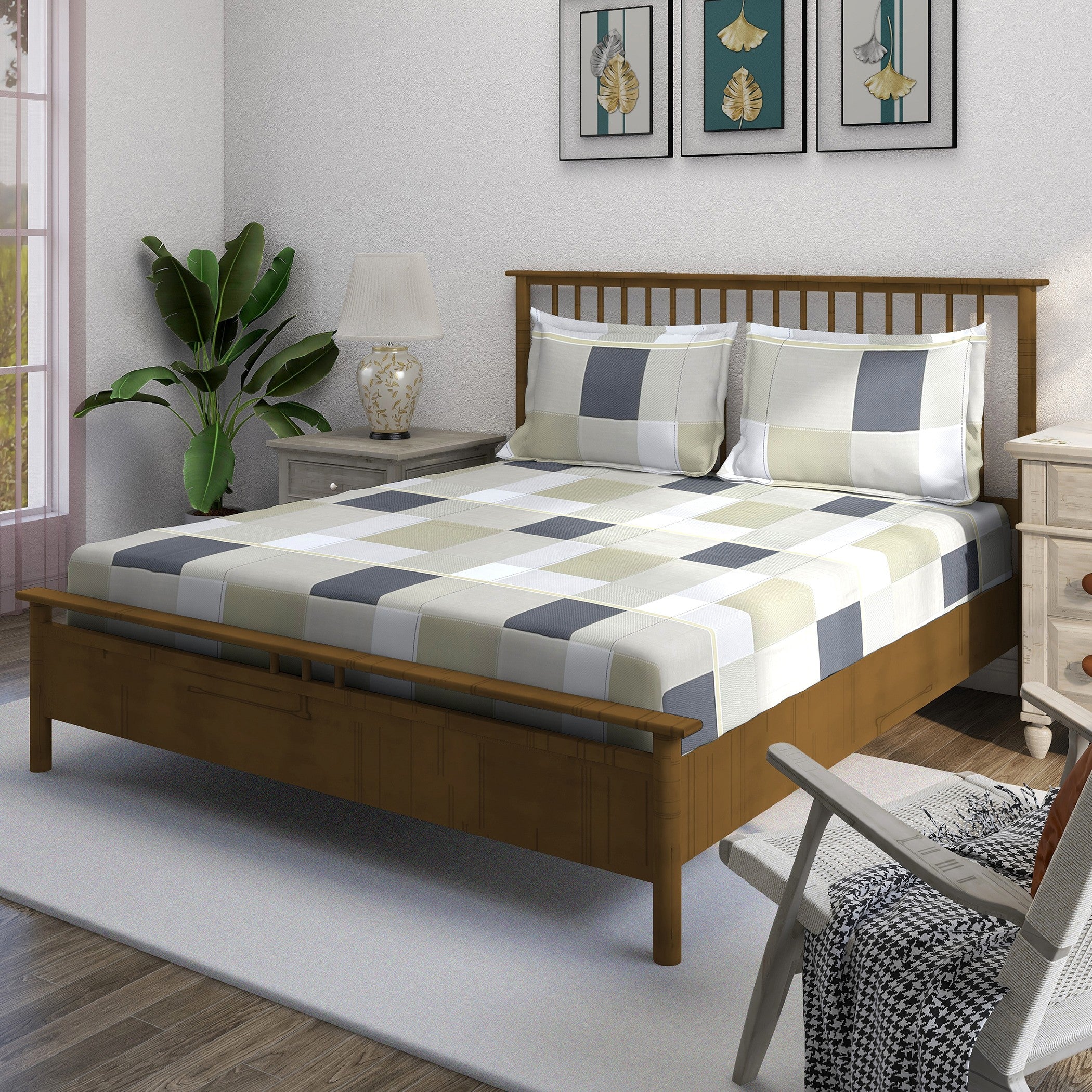 Sage Charcoal Windowpane 180 TC Pure Cotton Bedsheet Set with Pillow Cover