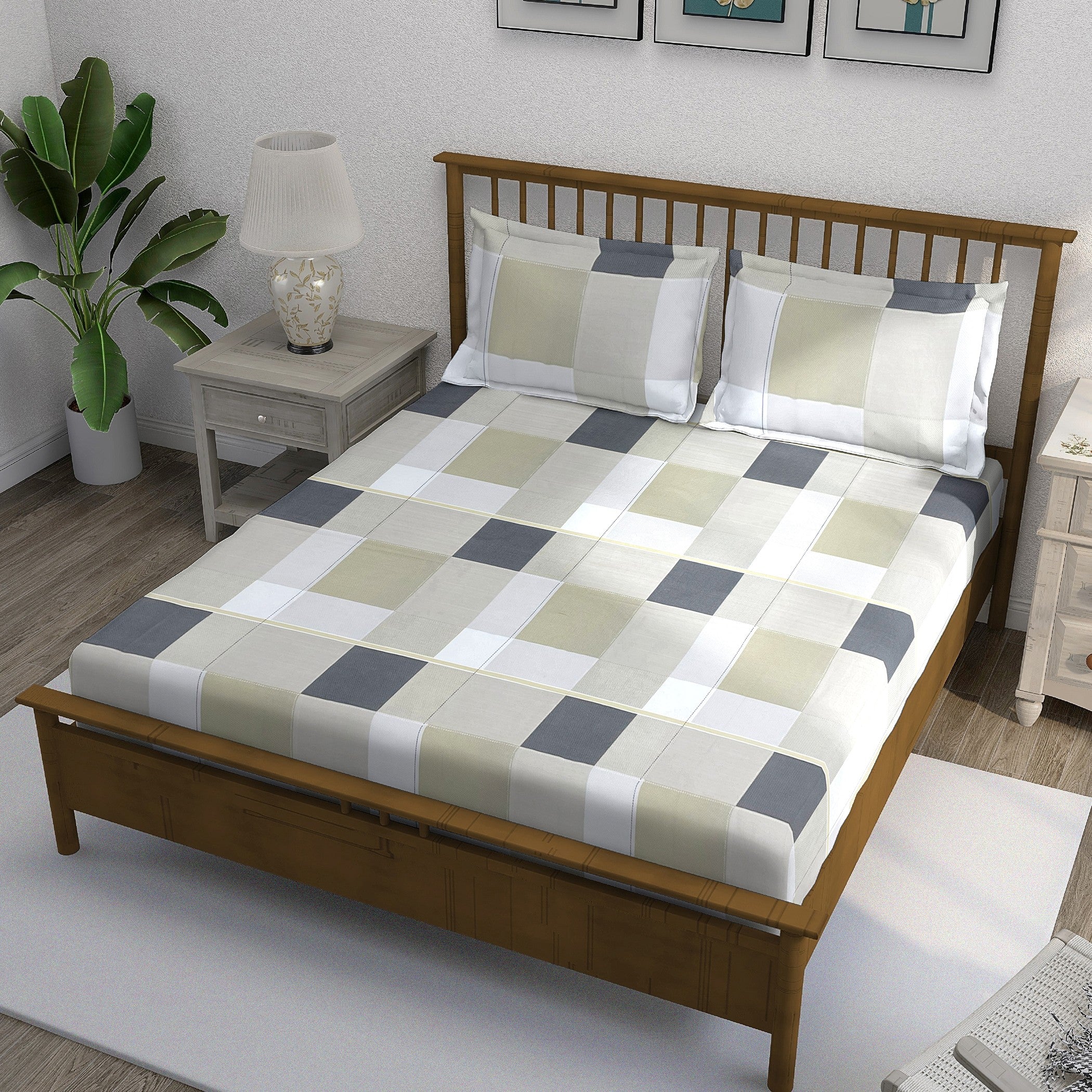 Sage Charcoal Windowpane 180 TC Pure Cotton Bedsheet Set with Pillow Cover