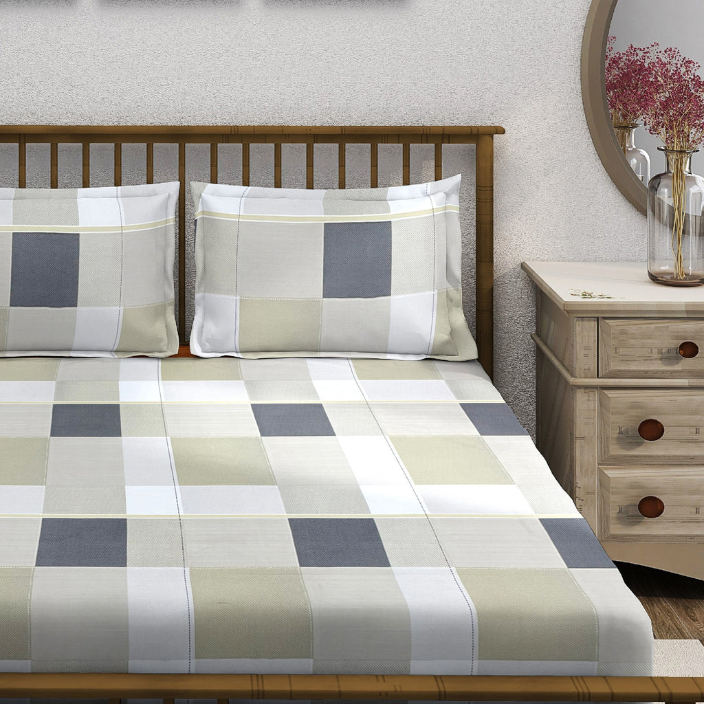Sage Charcoal Windowpane 180 TC Pure Cotton Bedsheet Set with Pillow Cover