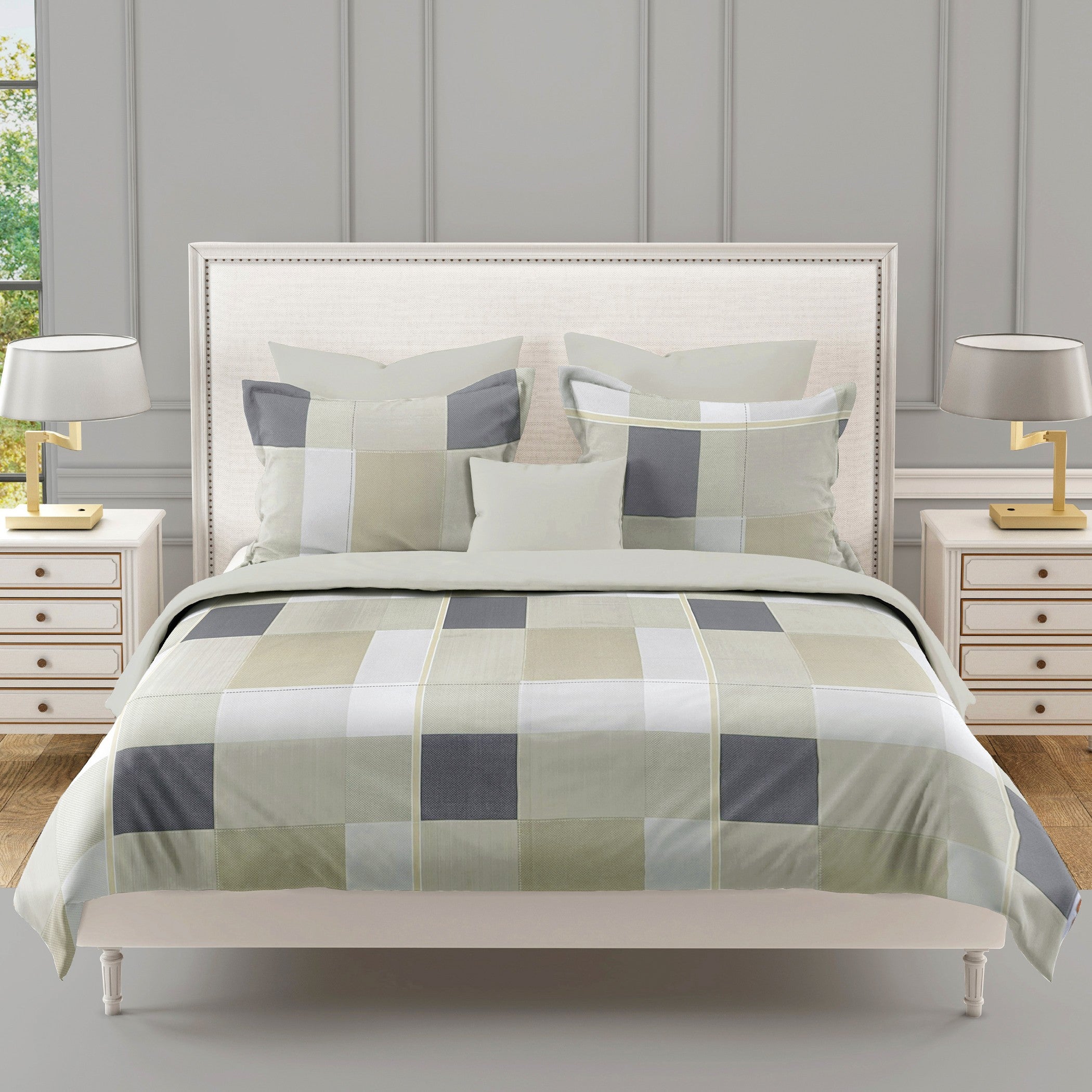 Sage Charcoal Windowpane 180 TC Pure Cotton Bedsheet Set with Pillow Cover