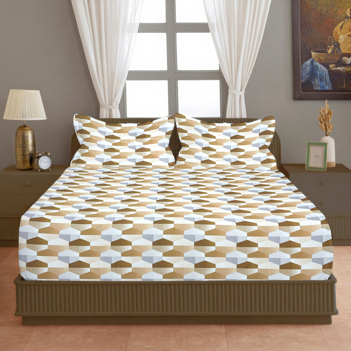 Beige & White Geometric 200 TC Pure Cotton Bedsheet with Pillow Covers