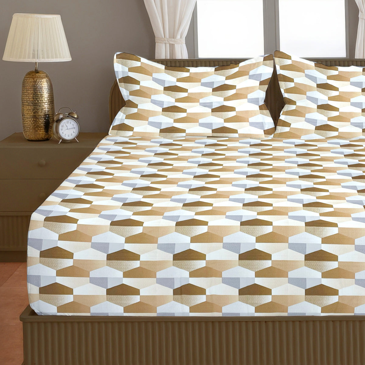 Beige & White Geometric 200 TC Pure Cotton Bedsheet with Pillow Covers