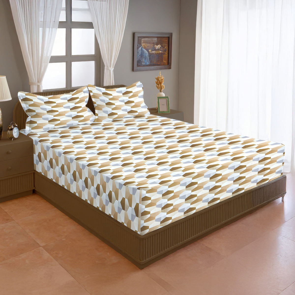 Beige & White Geometric 200 TC Pure Cotton Bedsheet with Pillow Covers
