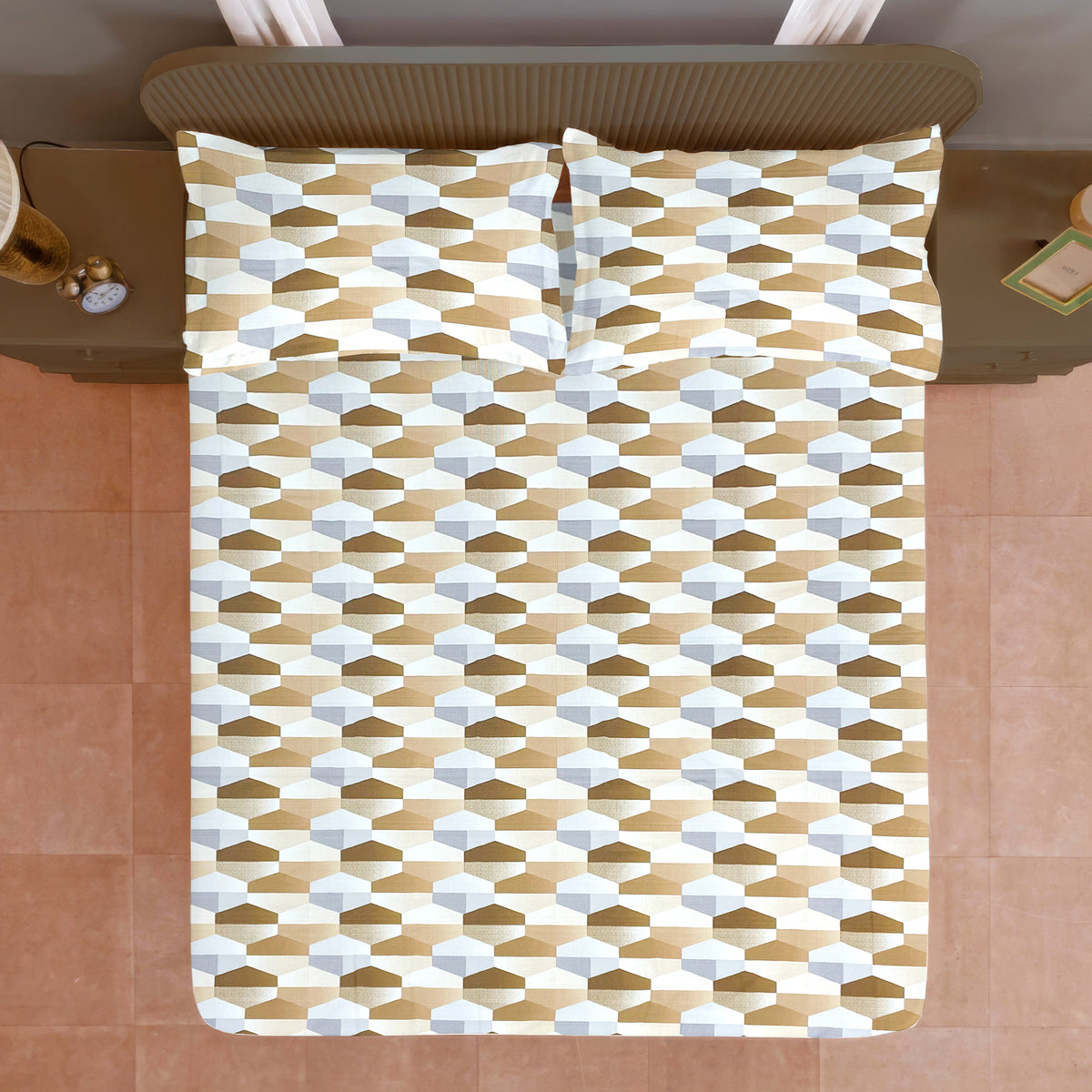 Beige & White Geometric 200 TC Pure Cotton Bedsheet with Pillow Covers