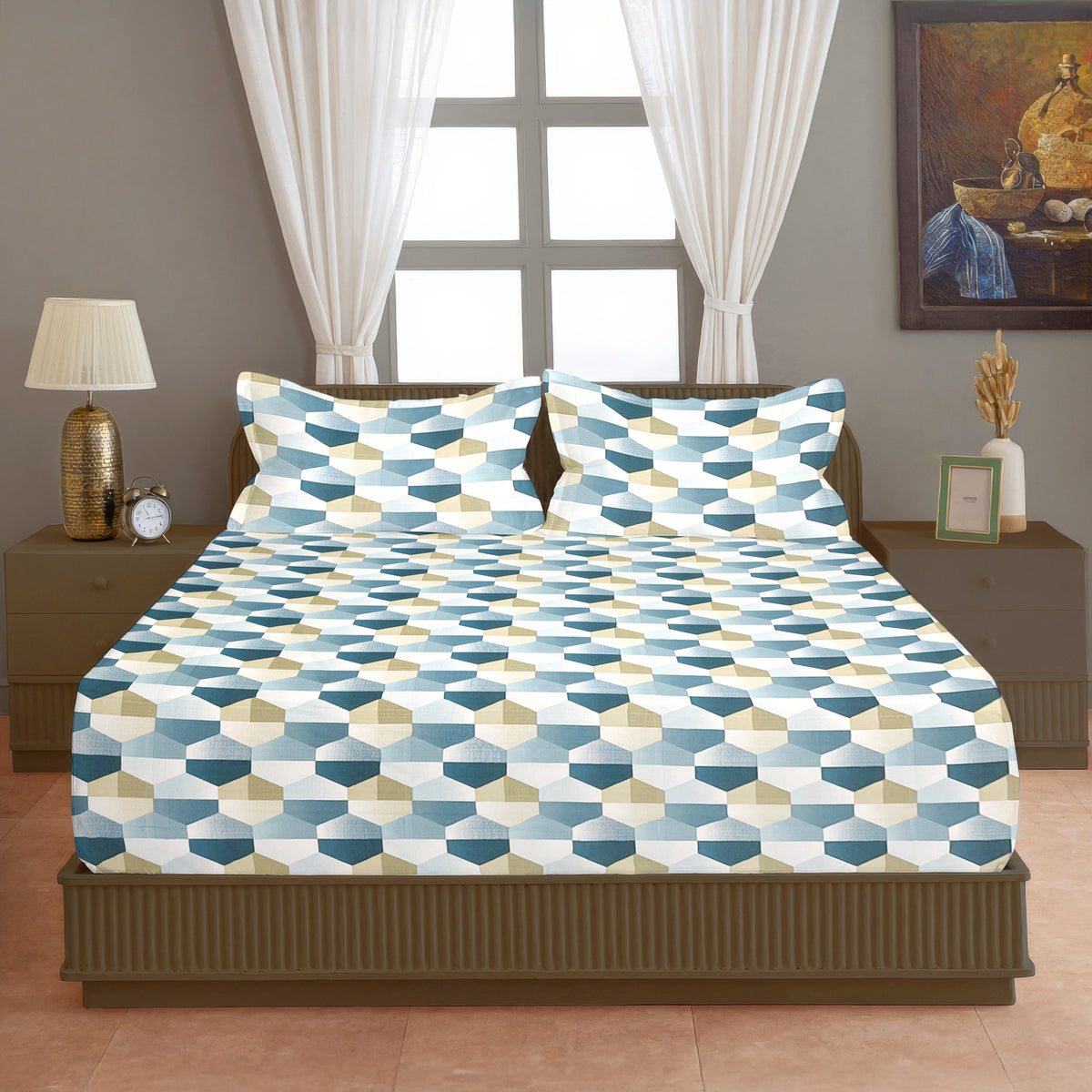 Teal & White Geometric 200 TC Pure Cotton Bedsheet with Pillow Covers