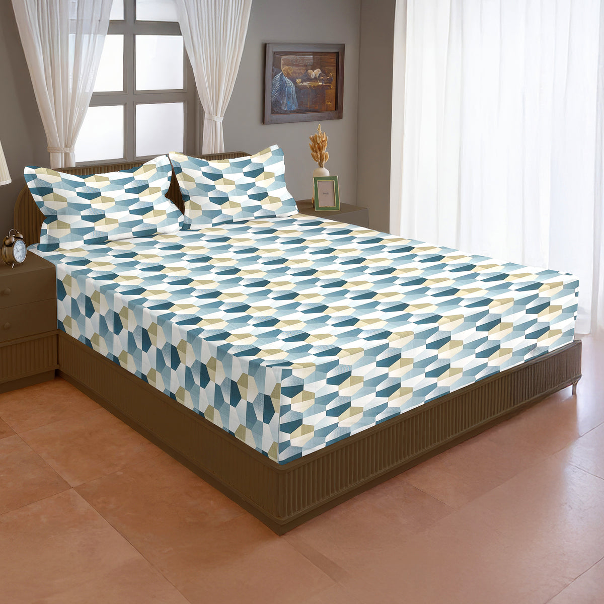 Teal & White Geometric 200 TC Pure Cotton Bedsheet with Pillow Covers
