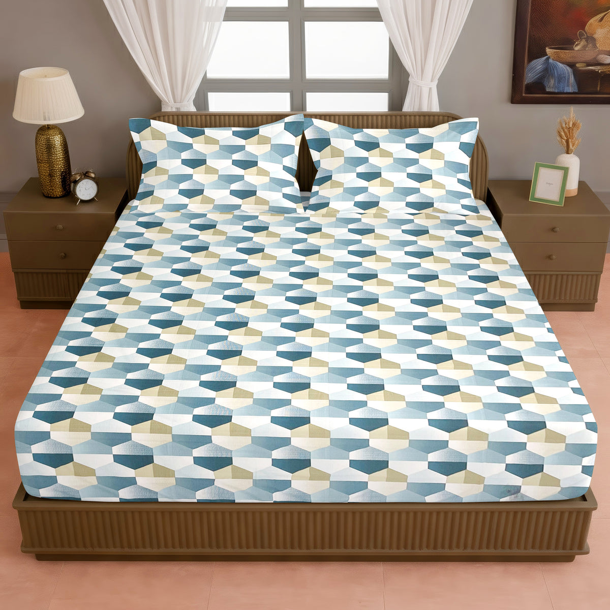 Teal & White Geometric 200 TC Pure Cotton Bedsheet with Pillow Covers