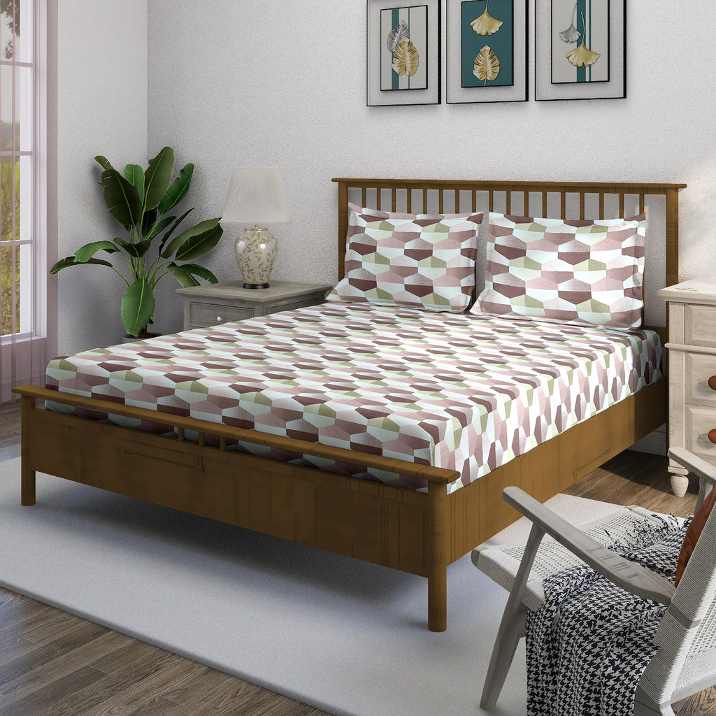 Blush Olive Mosaic 180 TC Pure Cotton Bedsheet Set with Pillow Cover