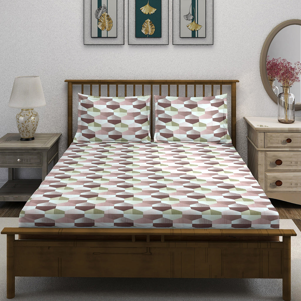 Blush Olive Mosaic 180 TC Pure Cotton Bedsheet Set with Pillow Cover