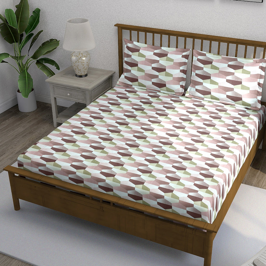 Blush Olive Mosaic 180 TC Pure Cotton Bedsheet Set with Pillow Cover