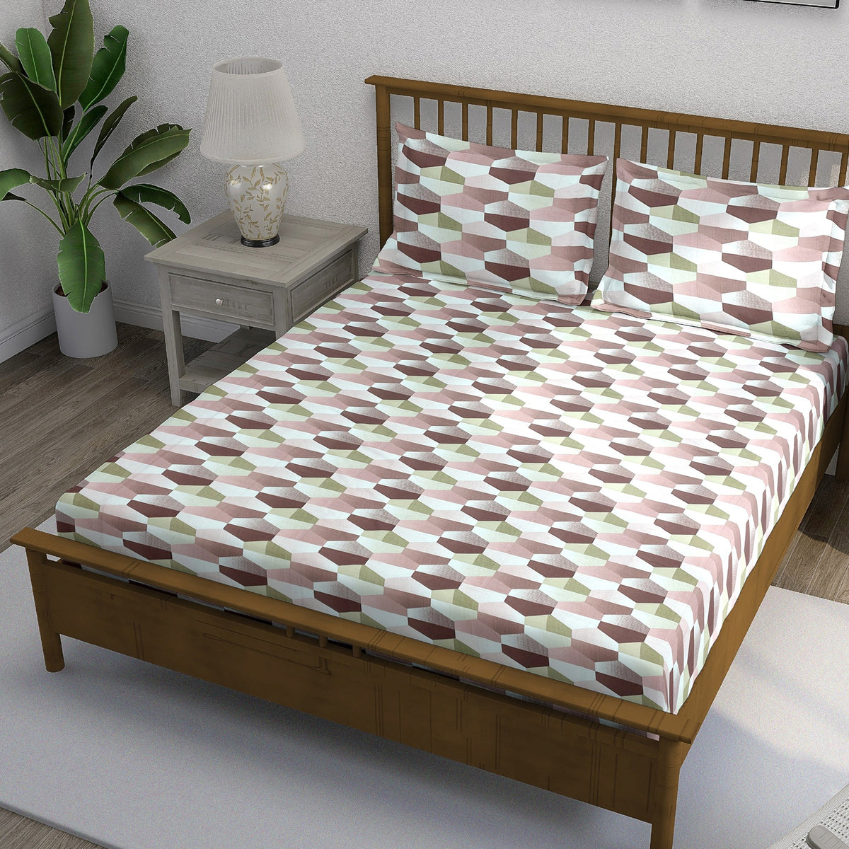 Blush Olive Mosaic 180 TC Pure Cotton Bedsheet Set with Pillow Cover