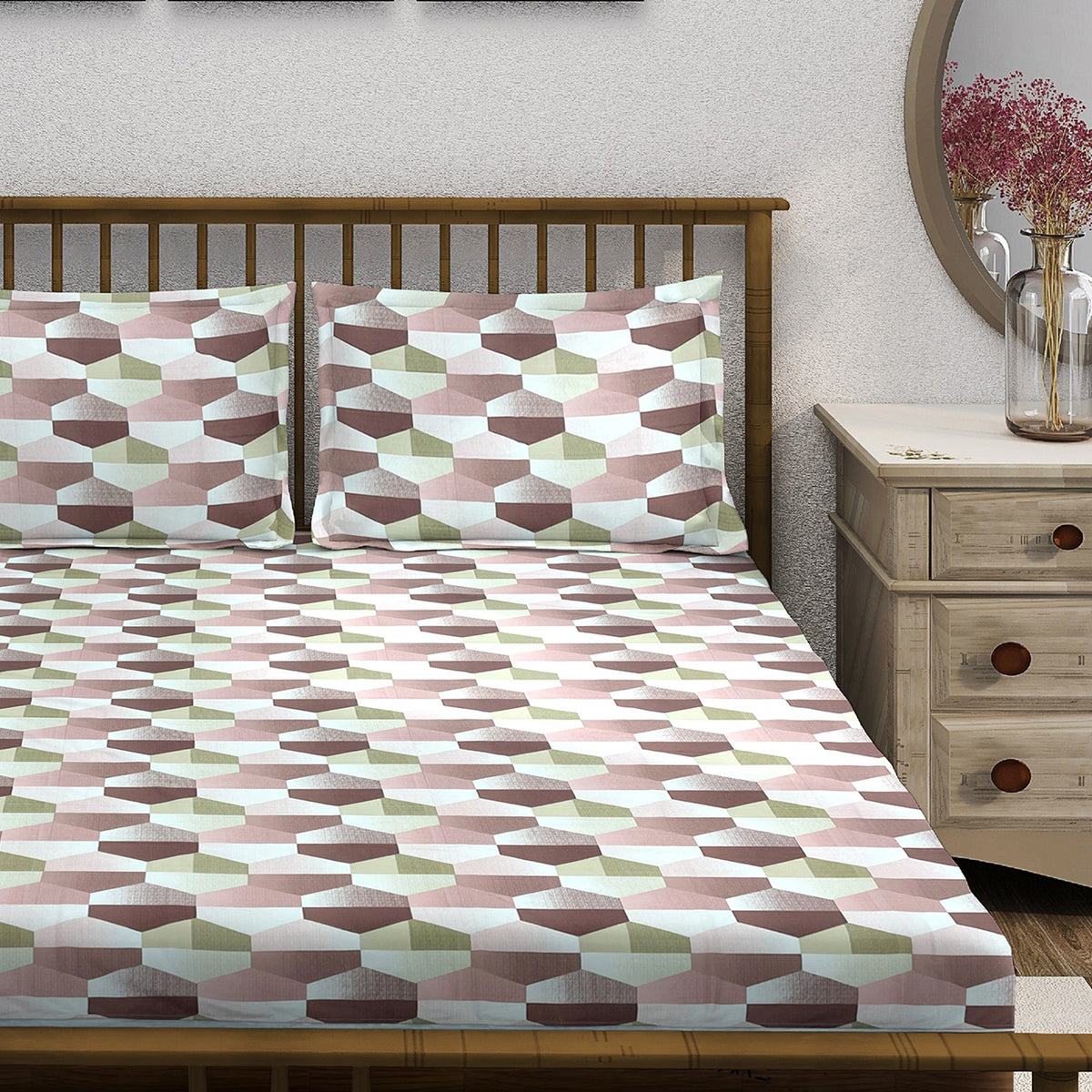 Blush Olive Mosaic 180 TC Pure Cotton Bedsheet Set with Pillow Cover