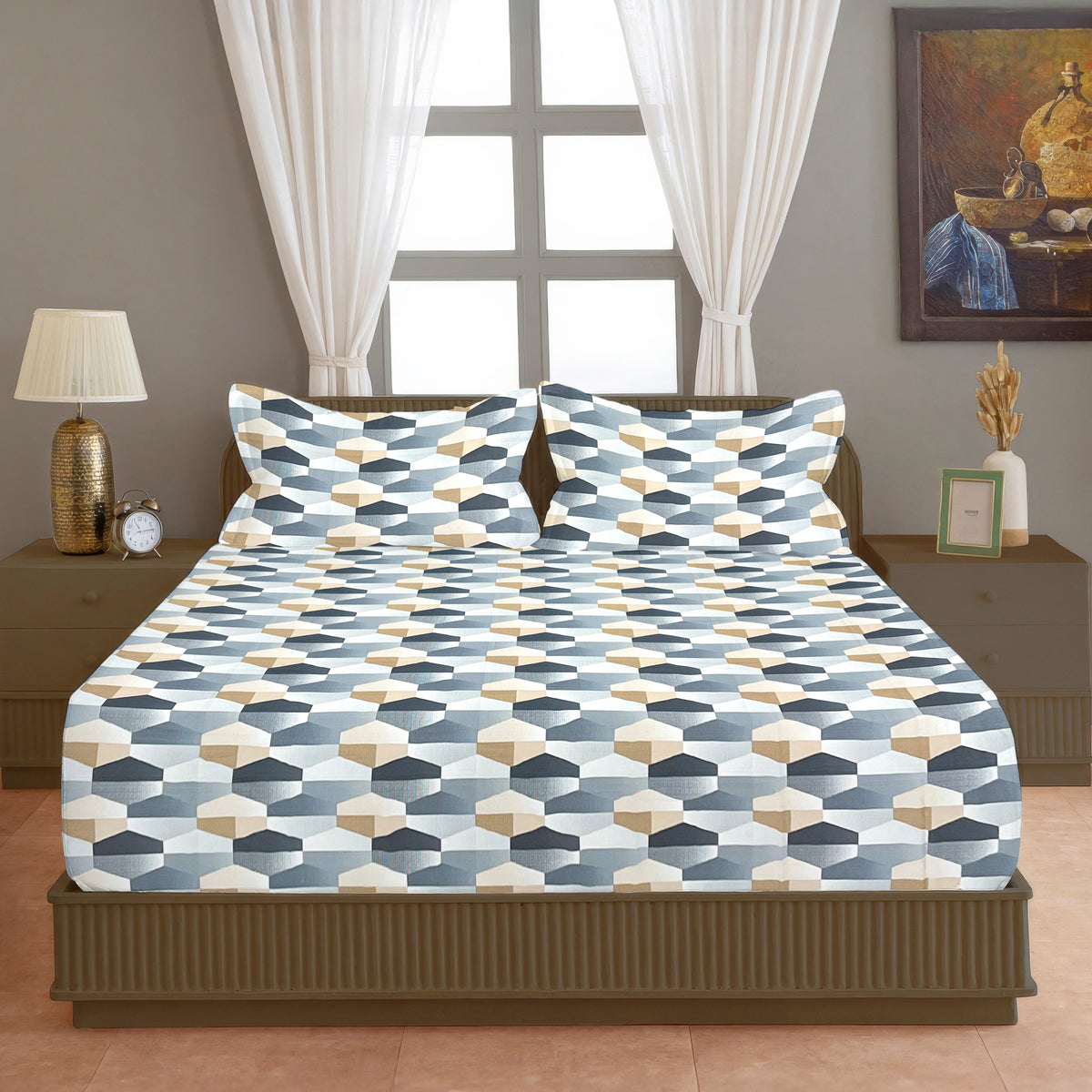 Teal & White Geometric 200 TC Pure Cotton Bedsheet with Pillow Covers