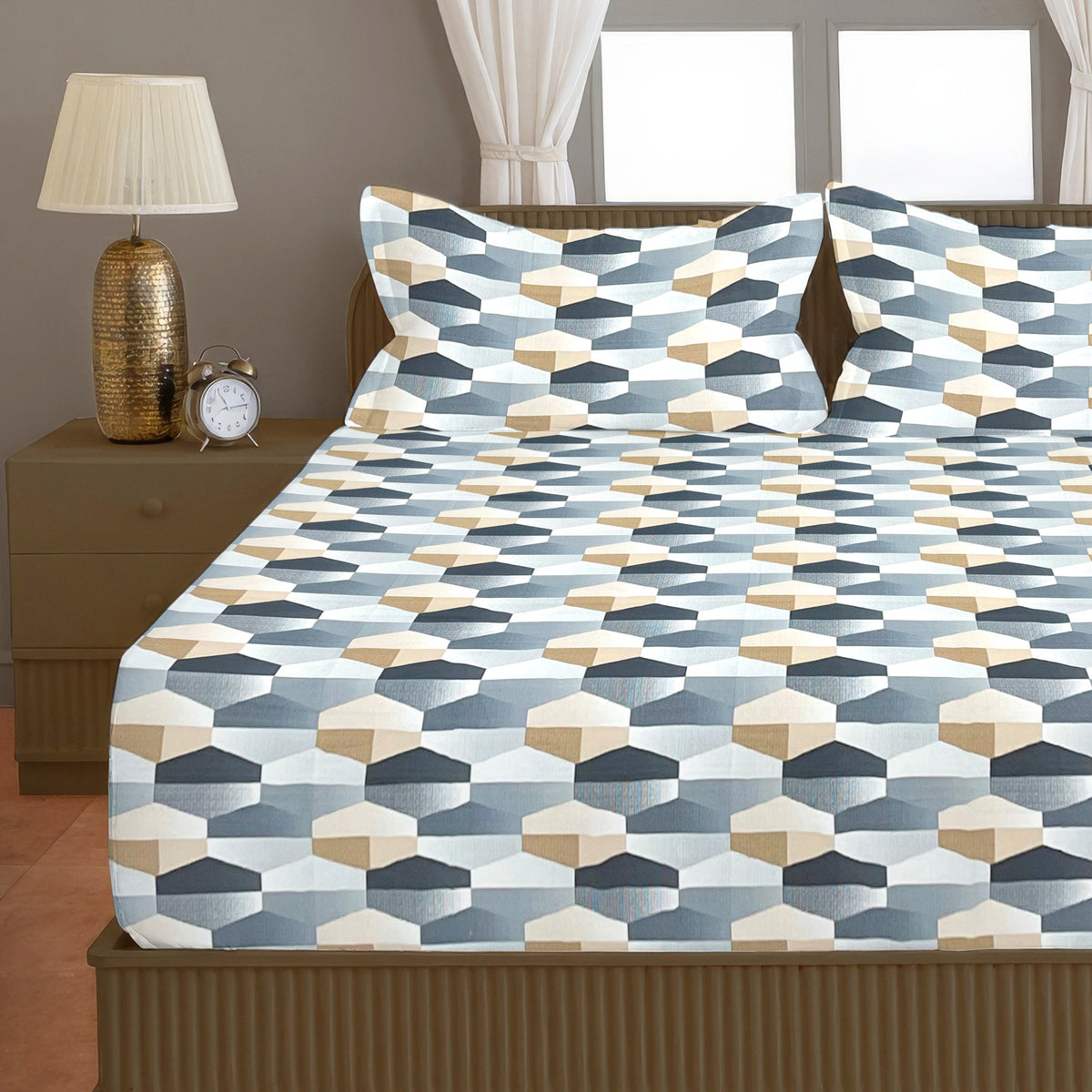 Teal & White Geometric 200 TC Pure Cotton Bedsheet with Pillow Covers