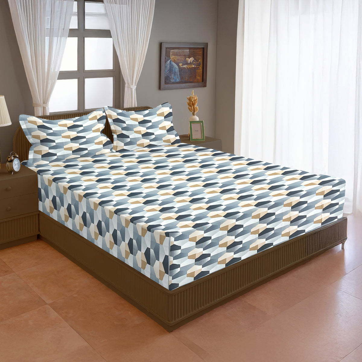 Teal & White Geometric 200 TC Pure Cotton Bedsheet with Pillow Covers