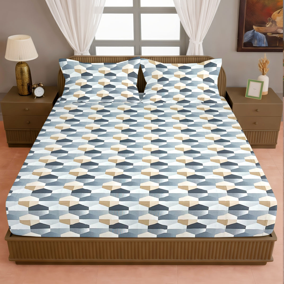 Teal & White Geometric 200 TC Pure Cotton Bedsheet with Pillow Covers