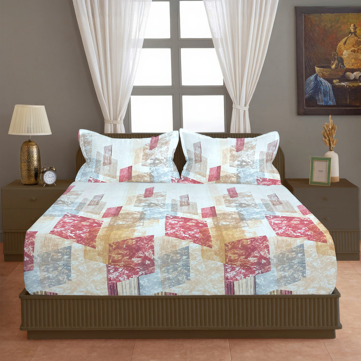 Rose & Beige Abstract Geometric 200 TC Pure Cotton Bedsheet with Pillow Covers