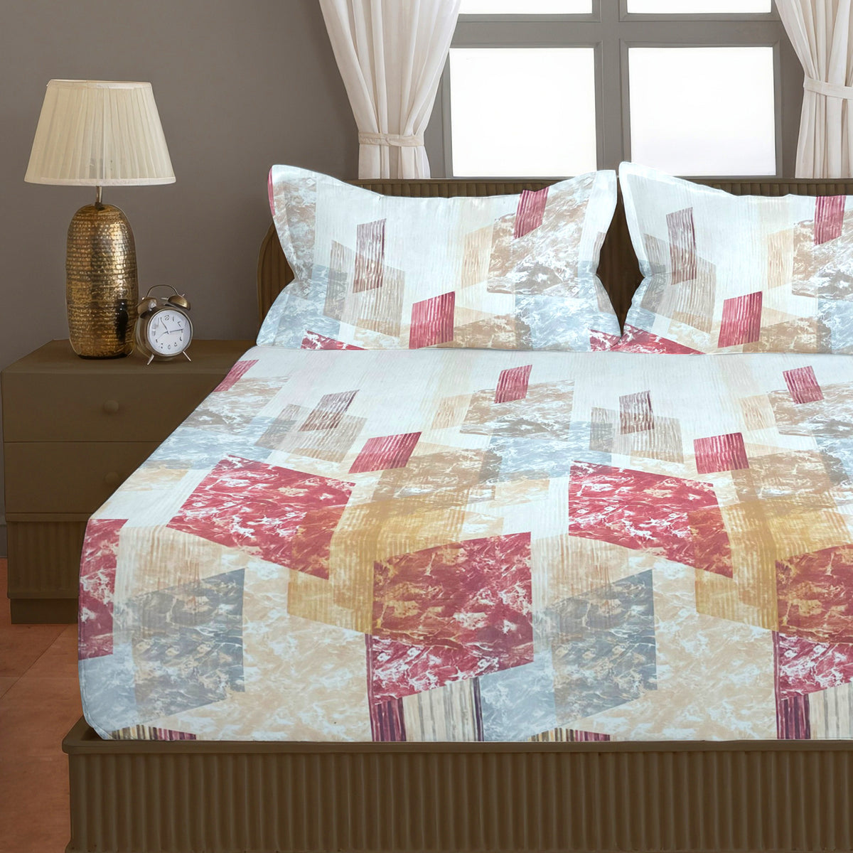 Rose & Beige Abstract Geometric 200 TC Pure Cotton Bedsheet with Pillow Covers