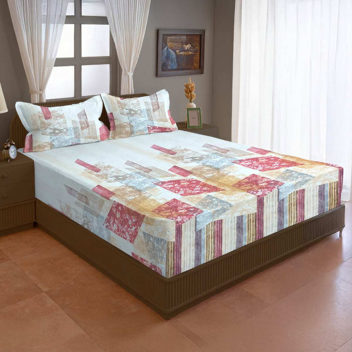 Rose & Beige Abstract Geometric 200 TC Pure Cotton Bedsheet with Pillow Covers
