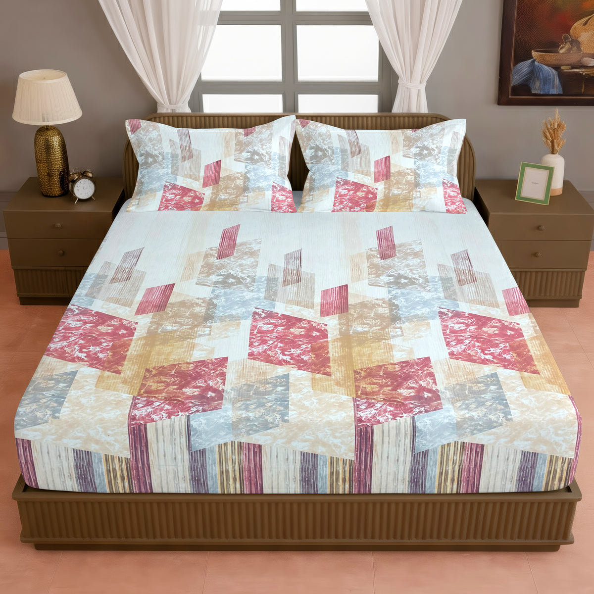 Rose & Beige Abstract Geometric 200 TC Pure Cotton Bedsheet with Pillow Covers