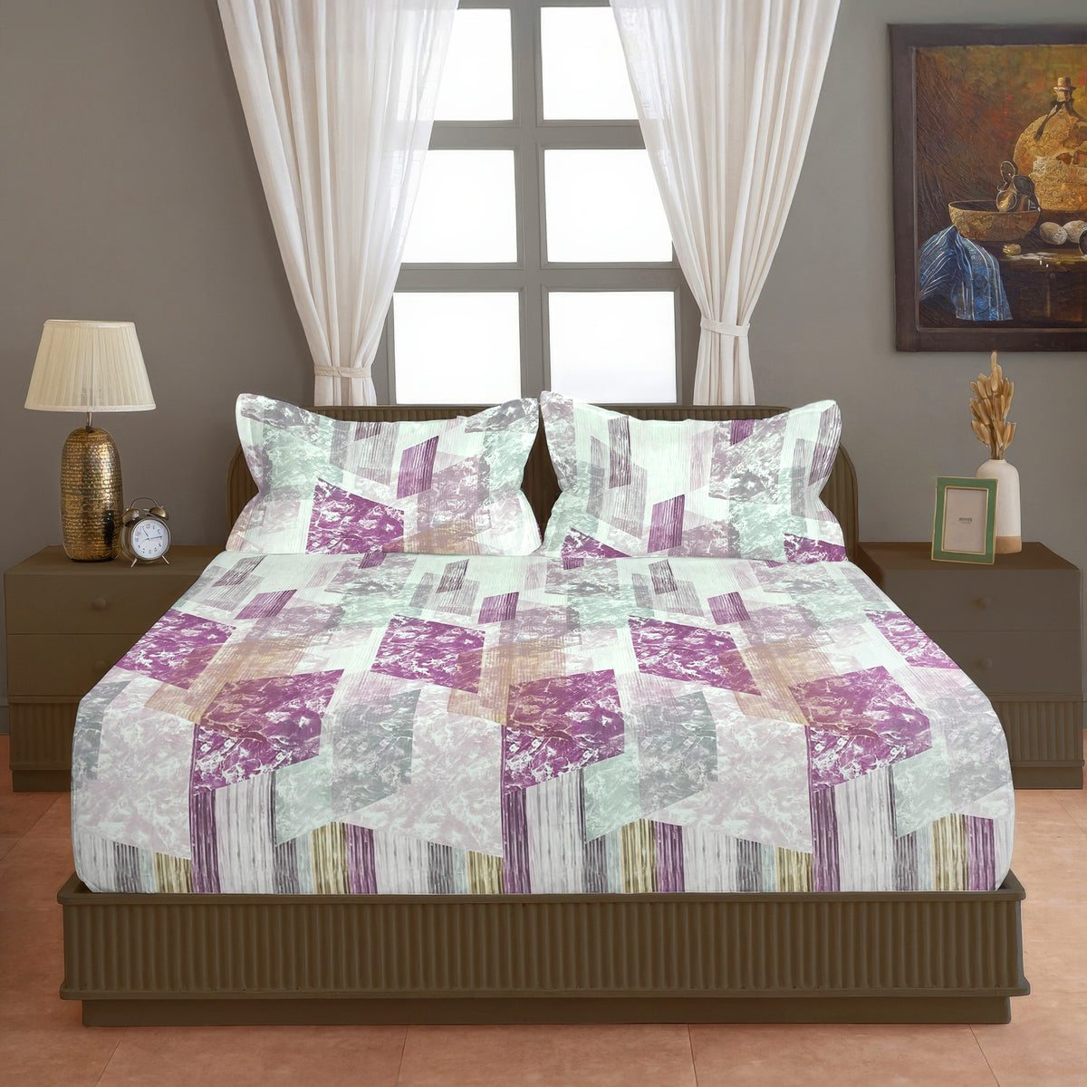 Purple & Beige Abstract Geometric 200 TC Pure Cotton Bedsheet with Pillow Covers