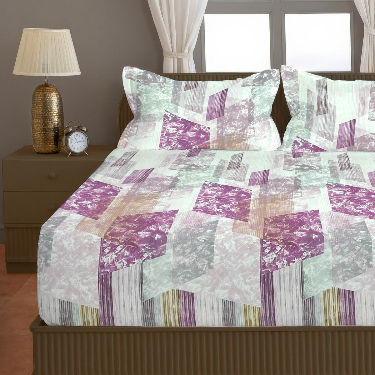 Purple & Beige Abstract Geometric 200 TC Pure Cotton Bedsheet with Pillow Covers