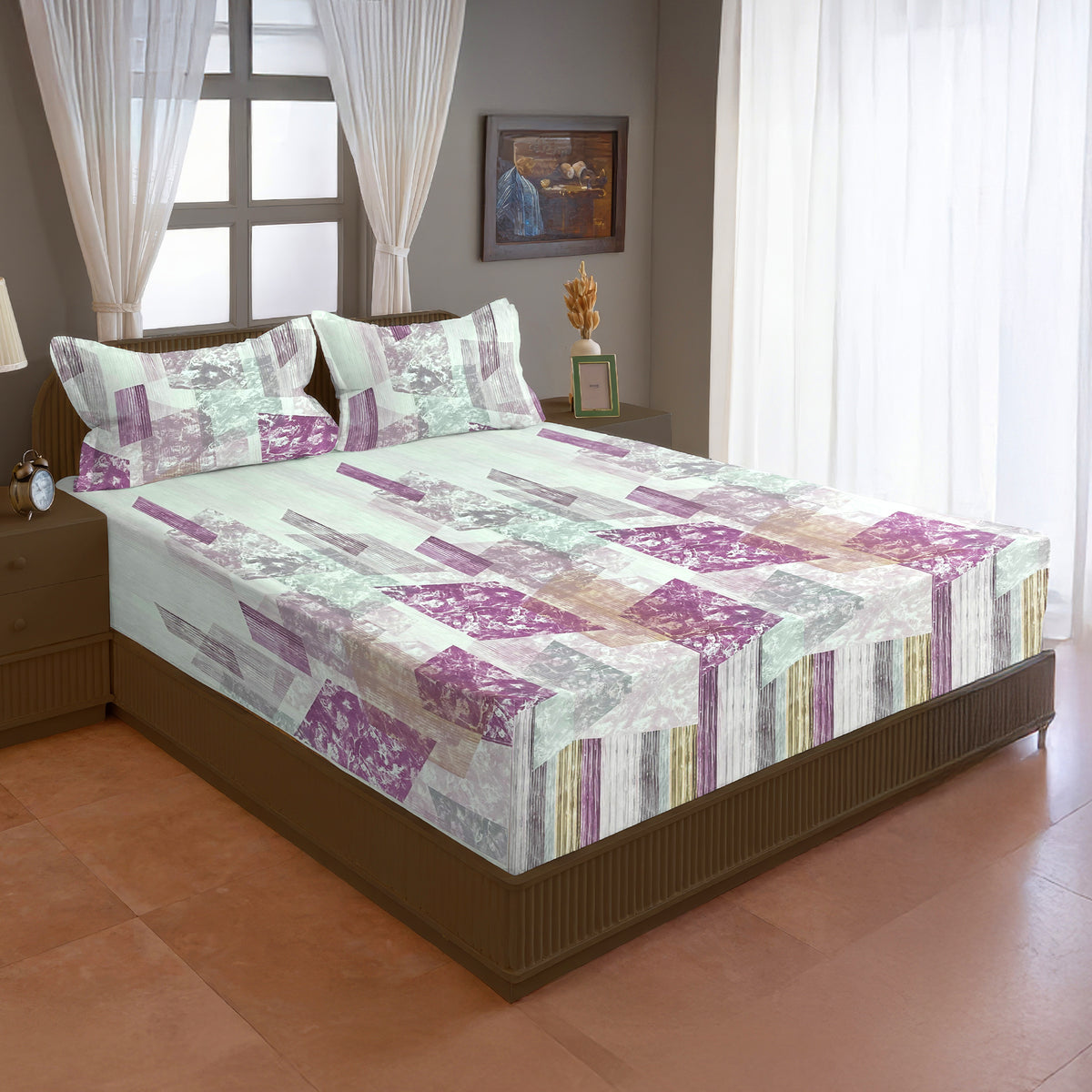 Purple & Beige Abstract Geometric 200 TC Pure Cotton Bedsheet with Pillow Covers