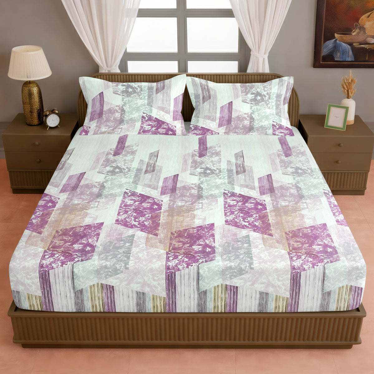 Purple & Beige Abstract Geometric 200 TC Pure Cotton Bedsheet with Pillow Covers