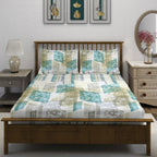 Ivory Teal Patchwork 180 TC Pure Cotton Bedsheet Set with Pillow Cover