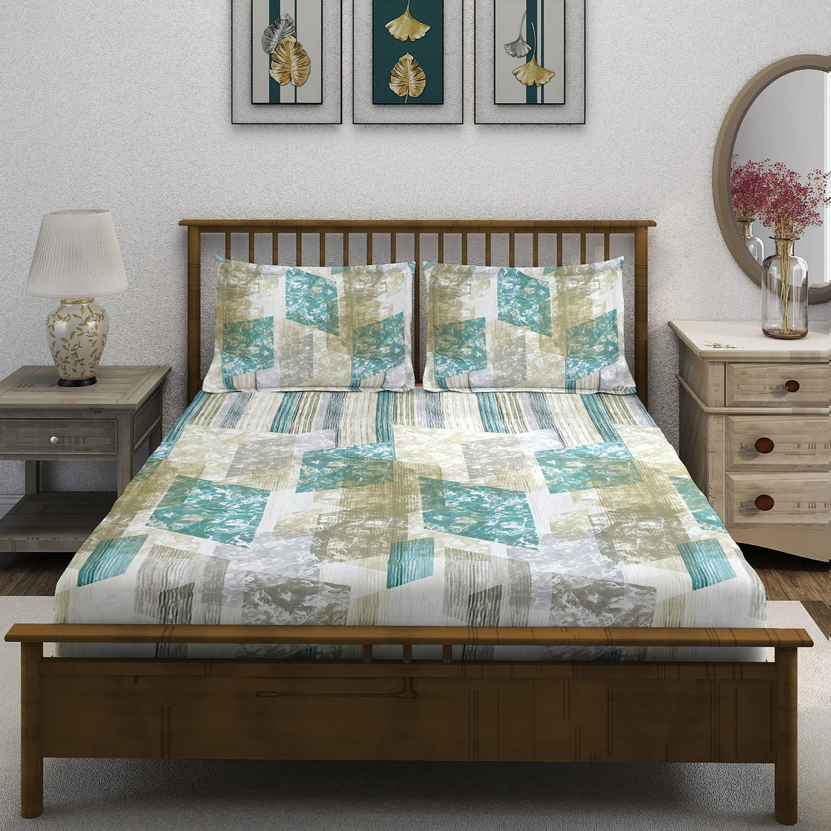 Ivory Teal Patchwork 180 TC Pure Cotton Bedsheet Set with Pillow Cover
