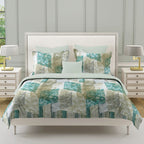 Ivory Teal Patchwork 180 TC Pure Cotton Bedsheet Set with Pillow Cover
