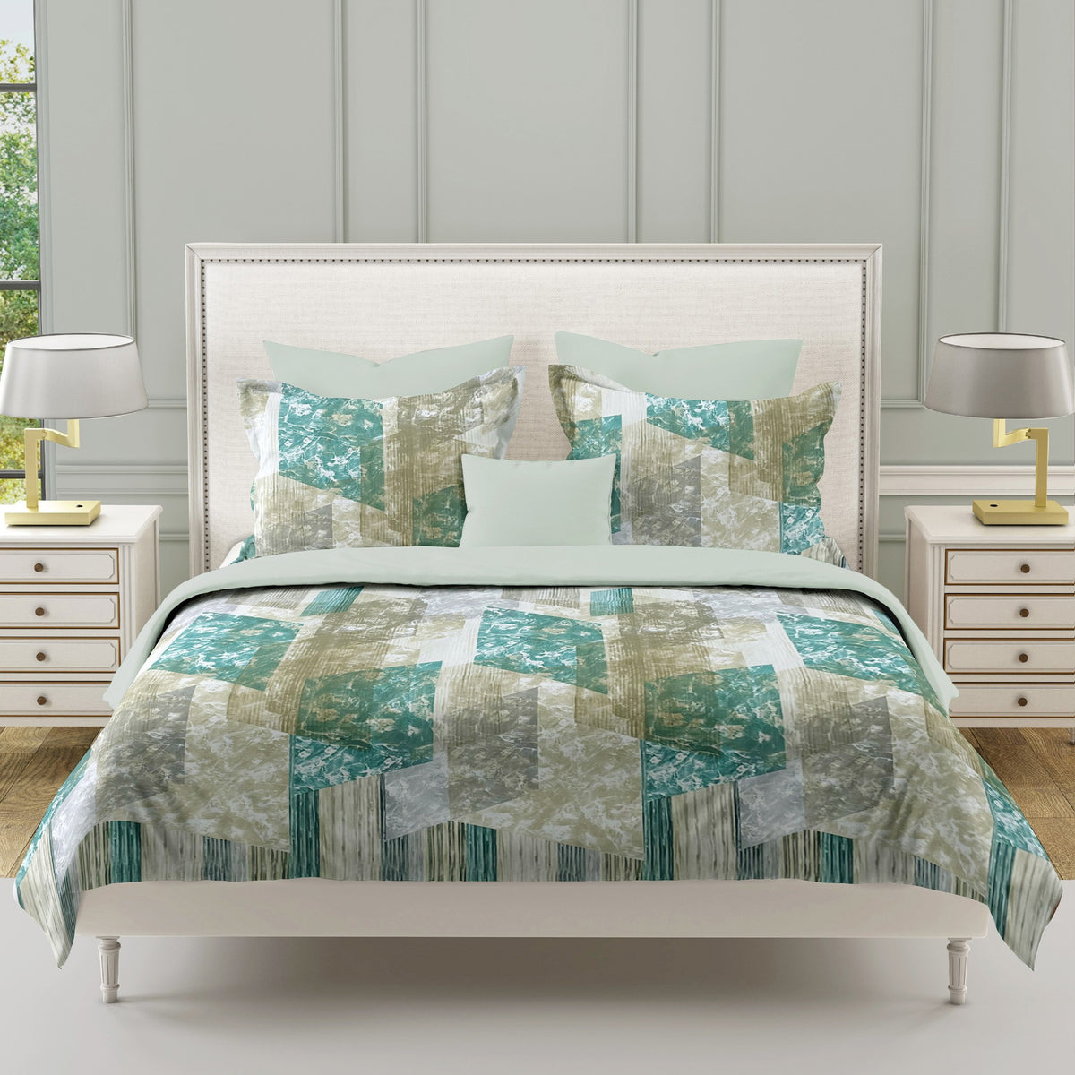 Ivory Teal Patchwork 180 TC Pure Cotton Bedsheet Set with Pillow Cover