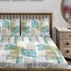Ivory Teal Patchwork 180 TC Pure Cotton Bedsheet Set with Pillow Cover