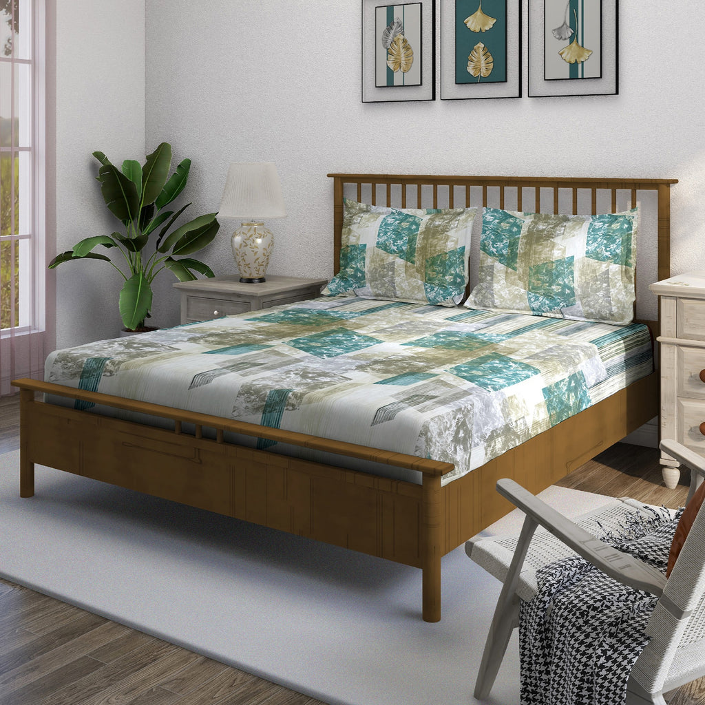 Ivory Teal Patchwork 180 TC Pure Cotton Bedsheet Set with Pillow Cover