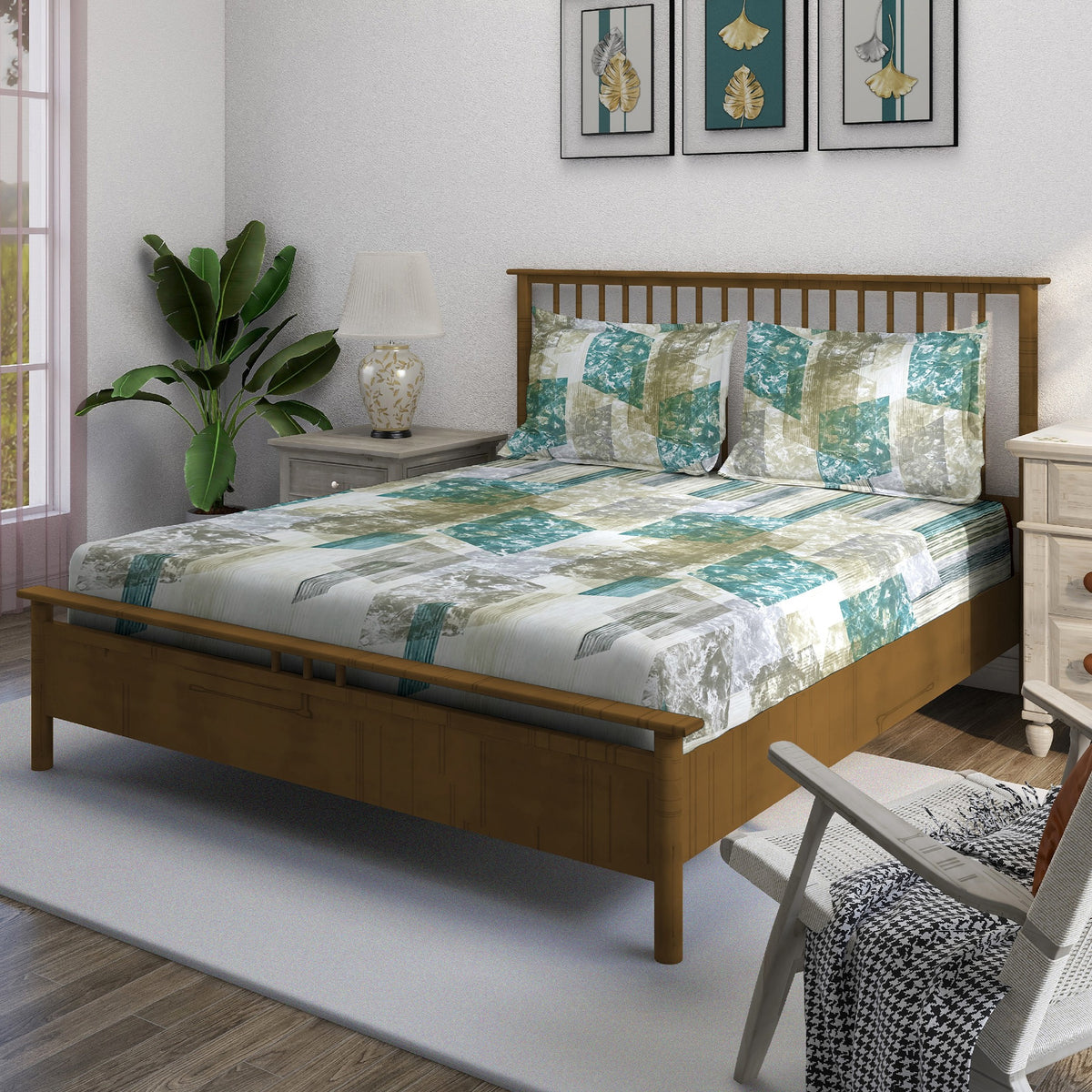 Ivory Teal Patchwork 180 TC Pure Cotton Bedsheet Set with Pillow Cover