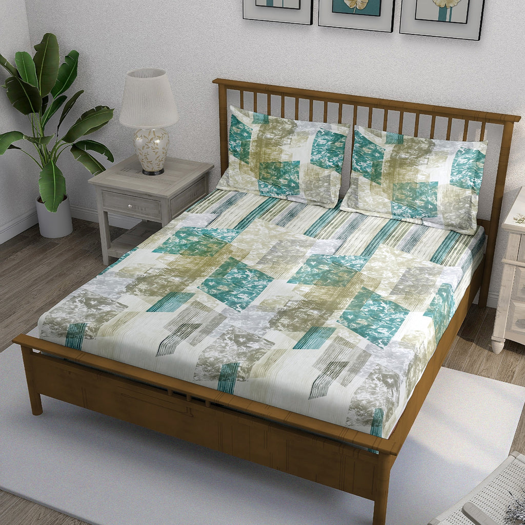 Ivory Teal Patchwork 180 TC Pure Cotton Bedsheet Set with Pillow Cover