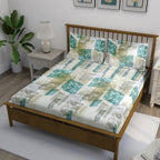 Ivory Teal Patchwork 180 TC Pure Cotton Bedsheet Set with Pillow Cover