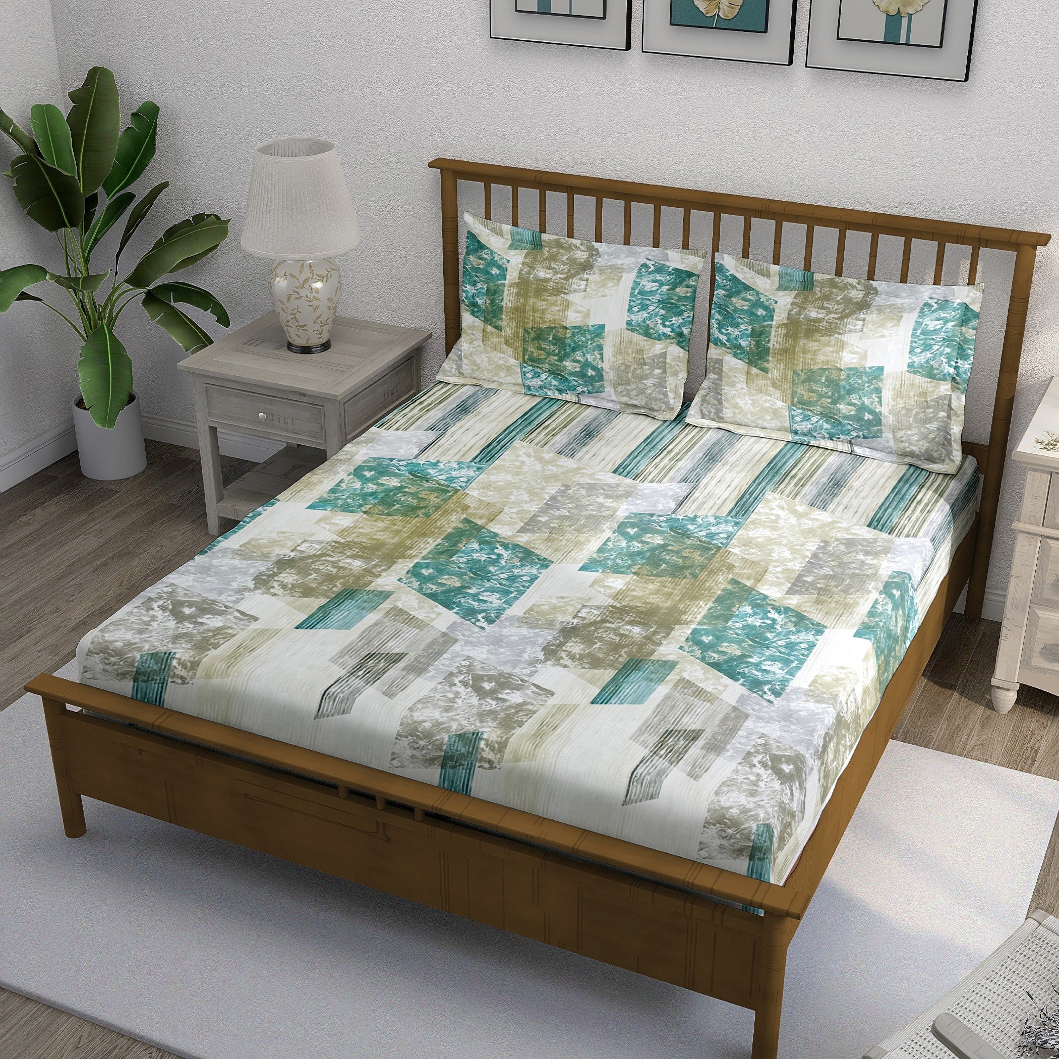 Ivory Teal Patchwork 180 TC Pure Cotton Bedsheet Set with Pillow Cover
