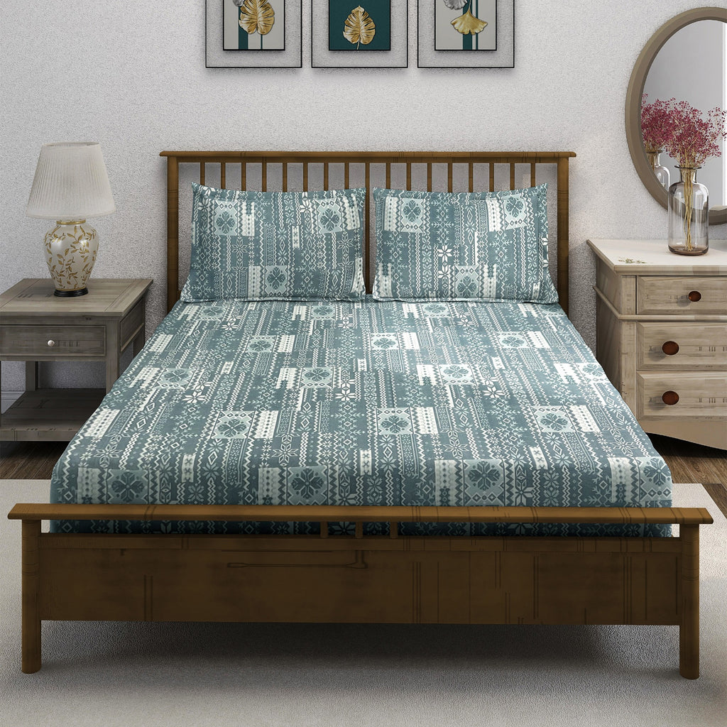 Teal Aztec Stripes 180 TC Pure Cotton Bedsheet Set with Pillow Cover