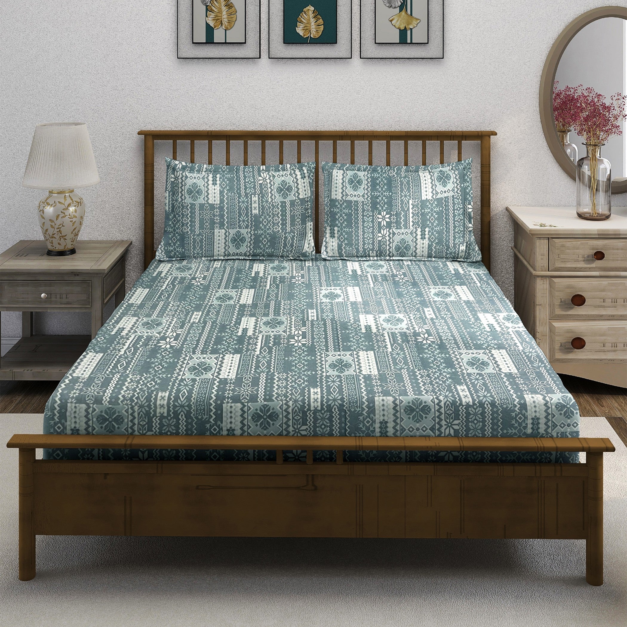 Teal Aztec Stripes 180 TC Pure Cotton Bedsheet Set with Pillow Cover