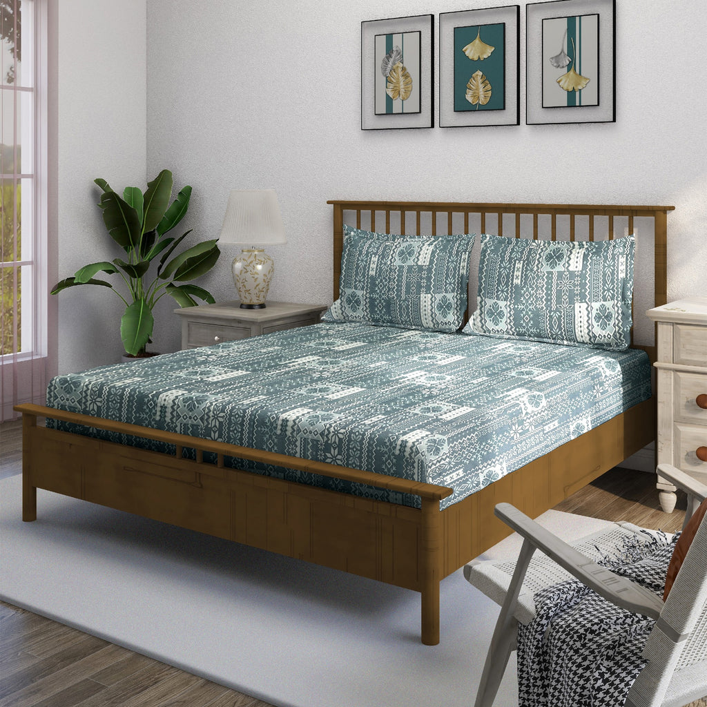 Teal Aztec Stripes 180 TC Pure Cotton Bedsheet Set with Pillow Cover