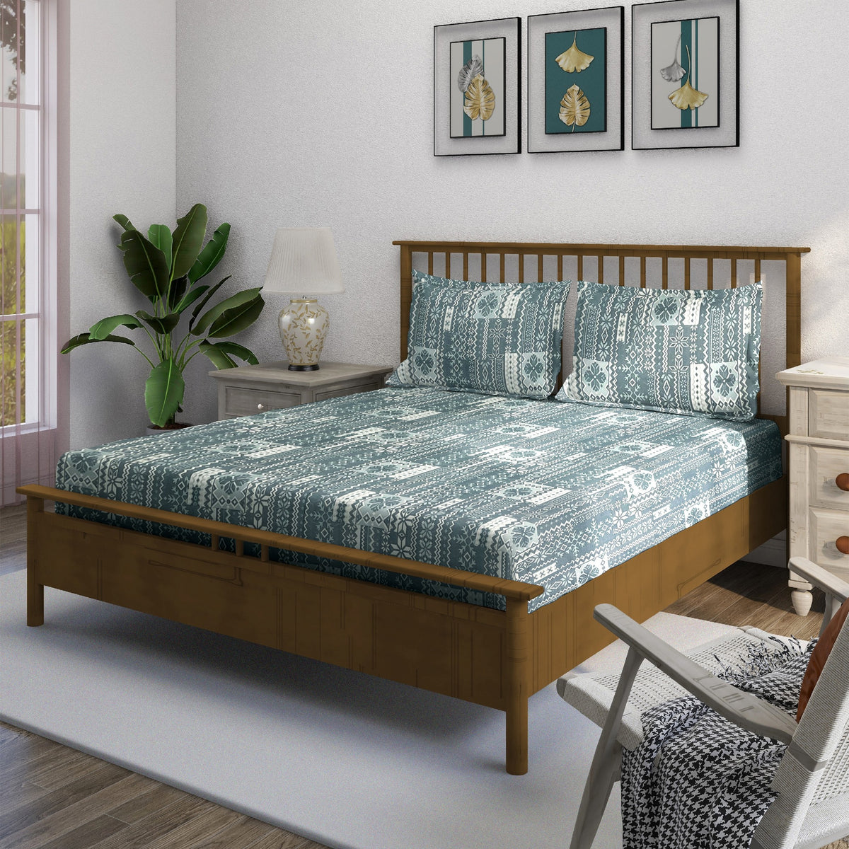 Teal Aztec Stripes 180 TC Pure Cotton Bedsheet Set with Pillow Cover