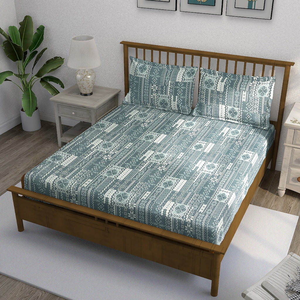 Teal Aztec Stripes 180 TC Pure Cotton Bedsheet Set with Pillow Cover