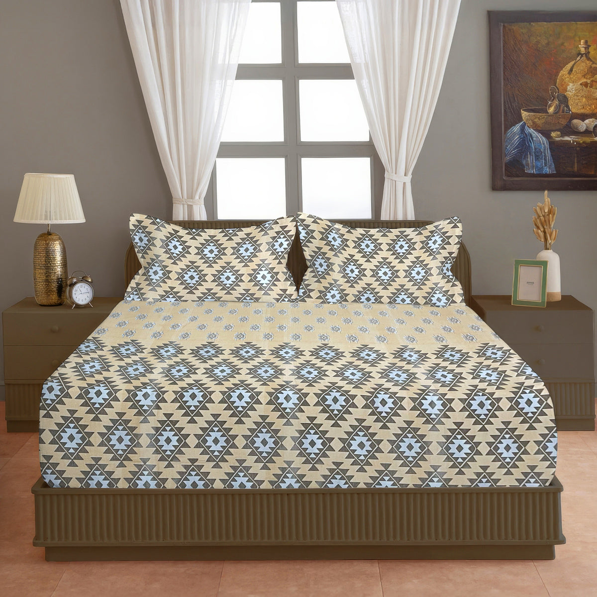 Beige & Brown Ethnic Geometric 200 TC Pure Cotton Bedsheet with Pillow Covers