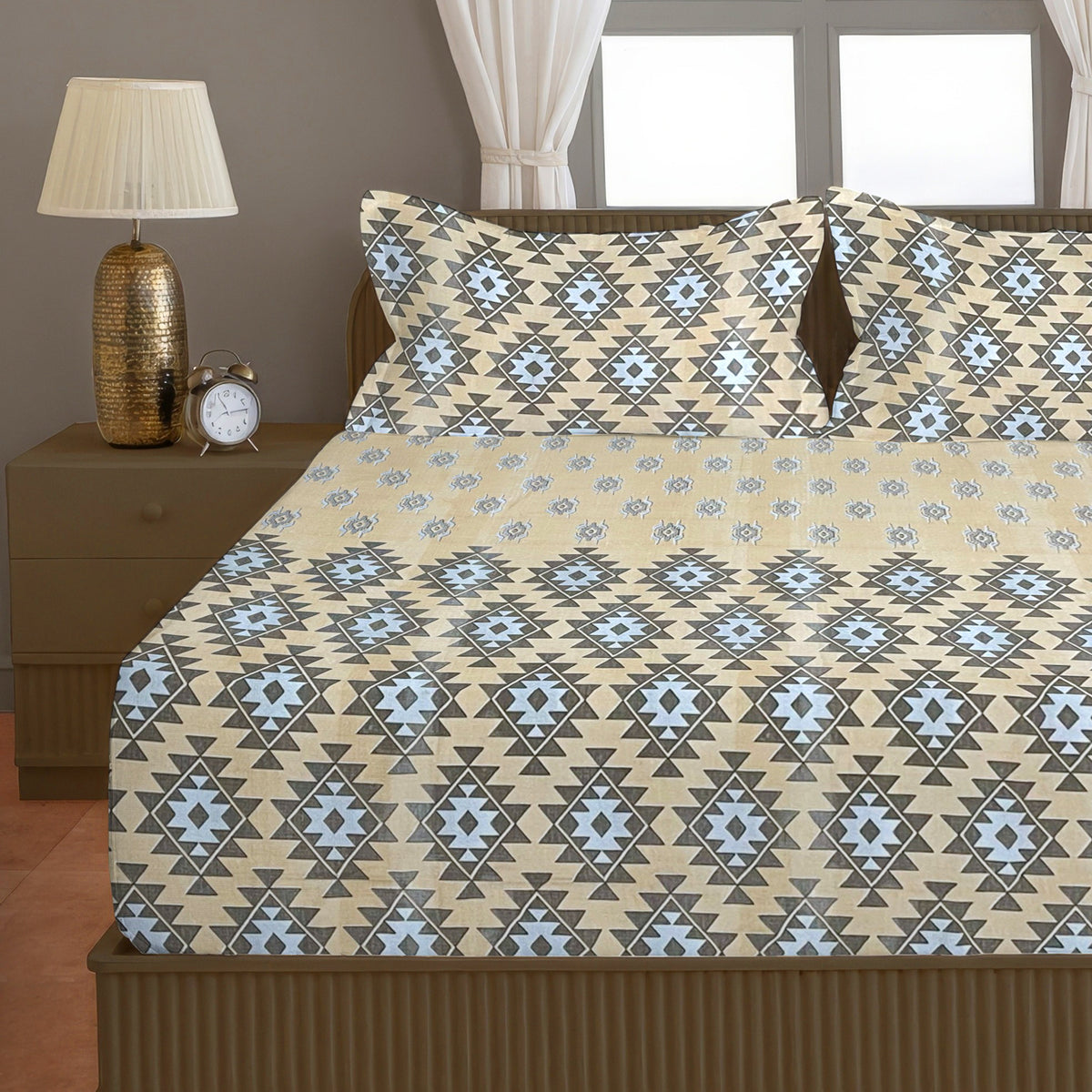 Beige & Brown Ethnic Geometric 200 TC Pure Cotton Bedsheet with Pillow Covers