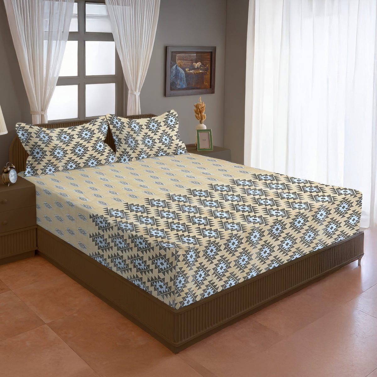 Beige & Brown Ethnic Geometric 200 TC Pure Cotton Bedsheet with Pillow Covers