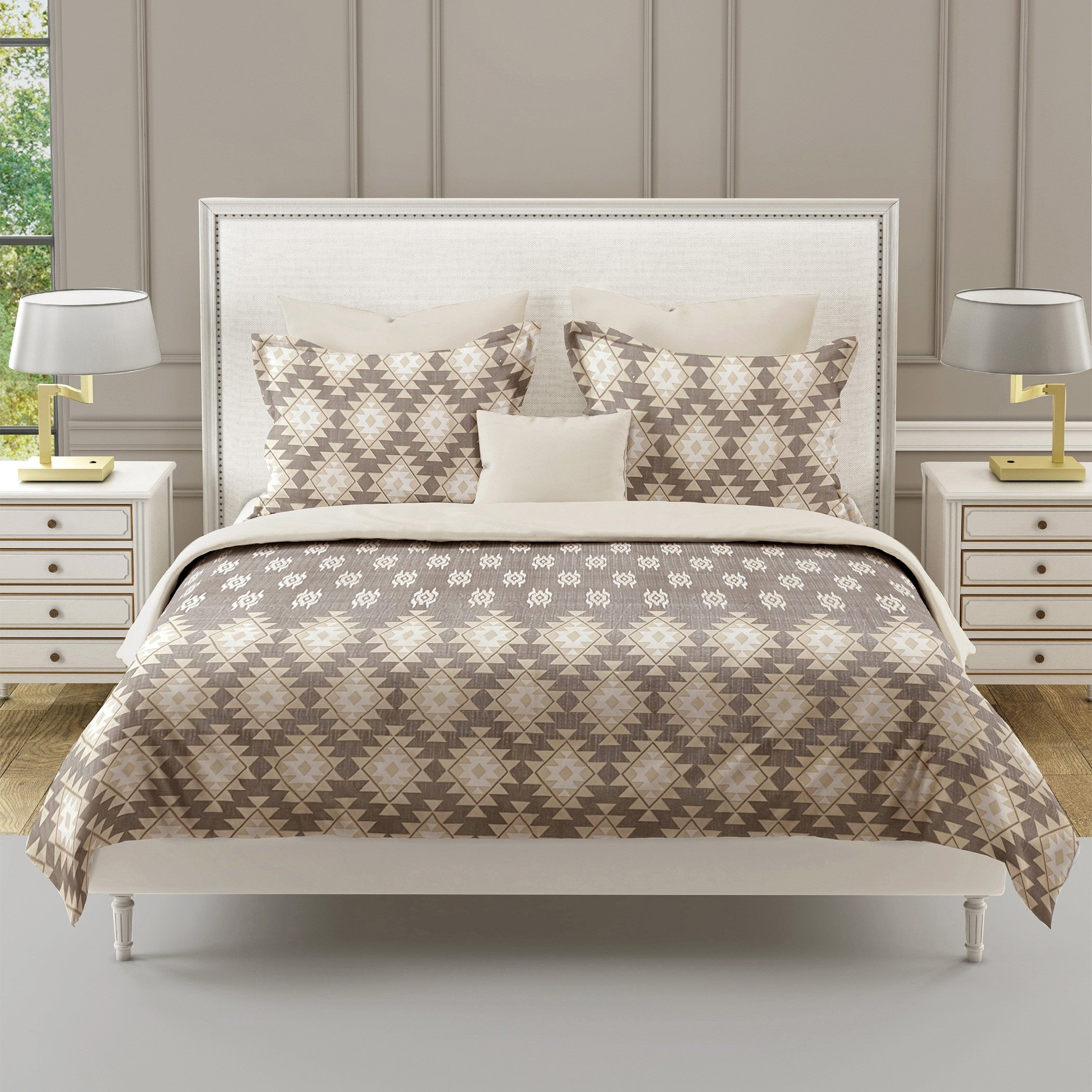 Taupe Ivory Tribal Mosaic 180 TC Pure Cotton Bedsheet Set with Pillow Cover