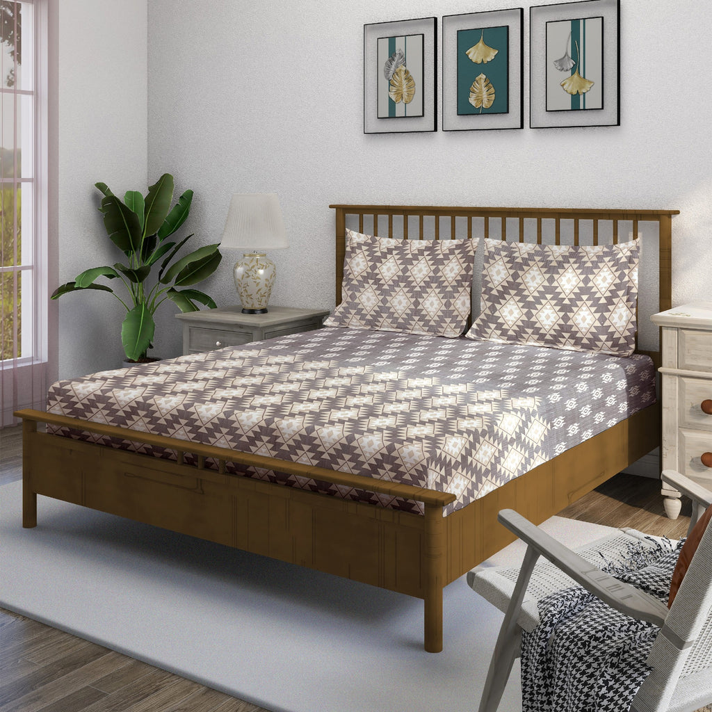 Taupe Ivory Tribal Mosaic 180 TC Pure Cotton Bedsheet Set with Pillow Cover
