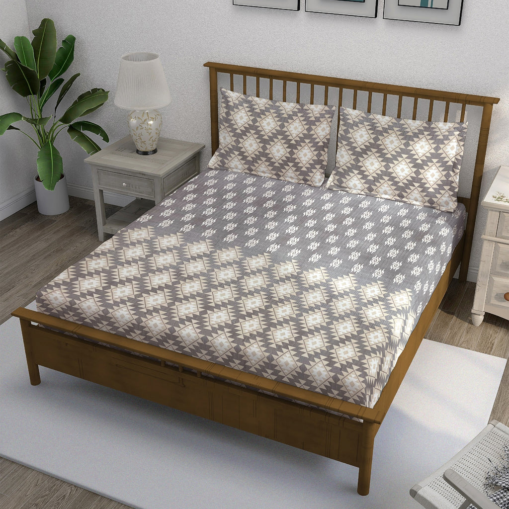 Taupe Ivory Tribal Mosaic 180 TC Pure Cotton Bedsheet Set with Pillow Cover